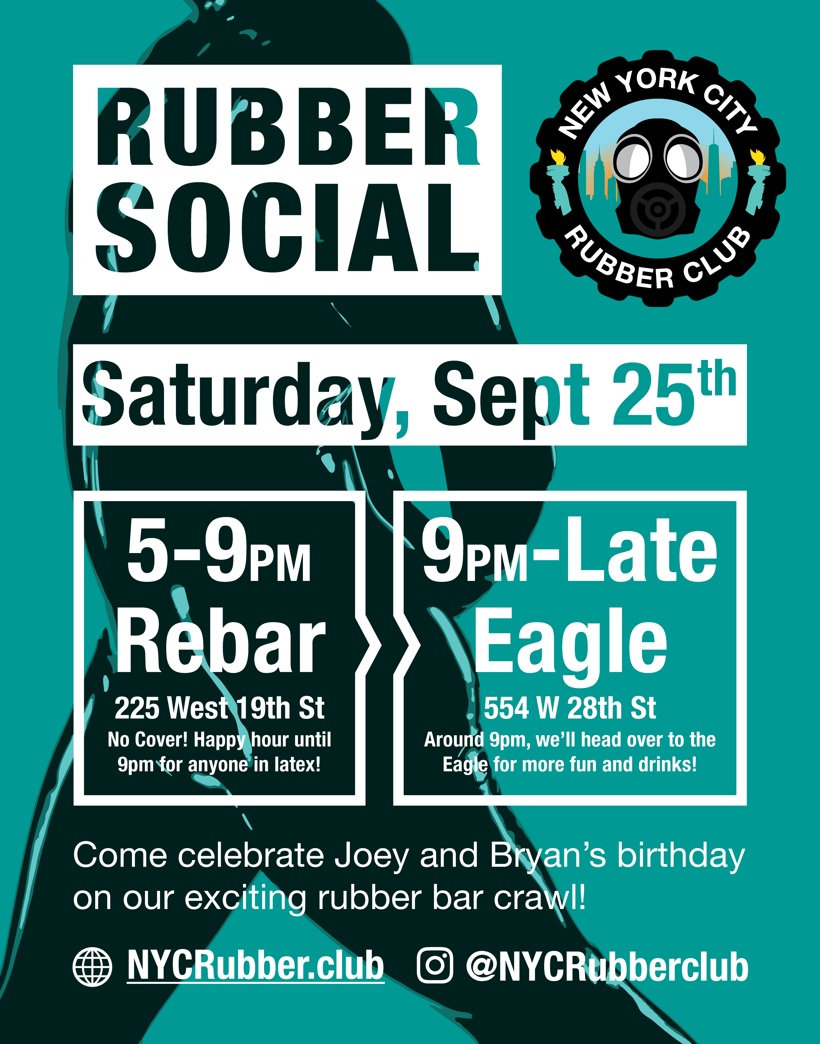 NYC rubber social event starting at Rebar 5-9pm and ending at the eagle 9pm to late on September 25th