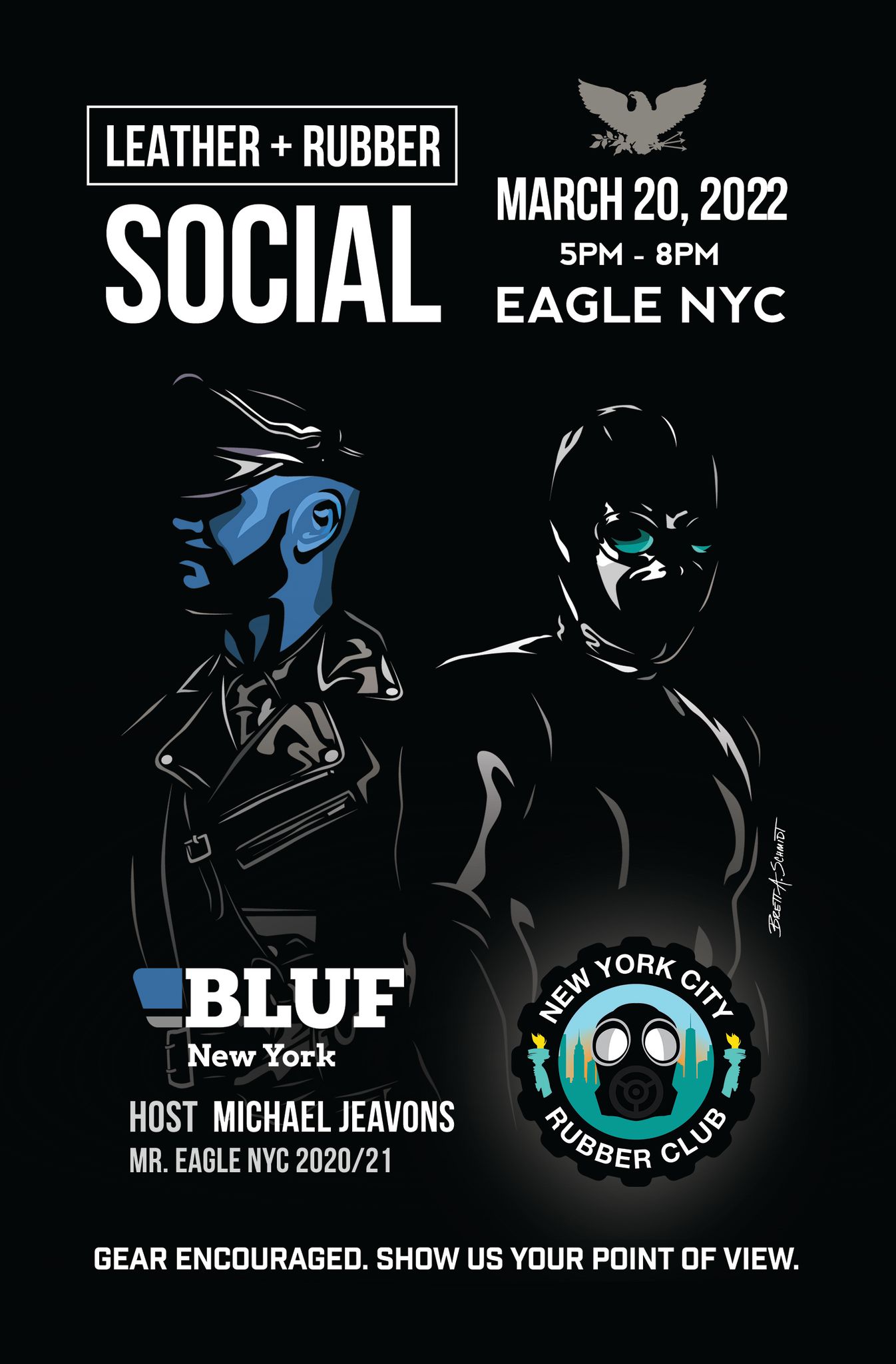 A joint party with BLUF and NYC Rubber Social at Eagle NYC Bar 5pm-8pm Sun 20th Mar