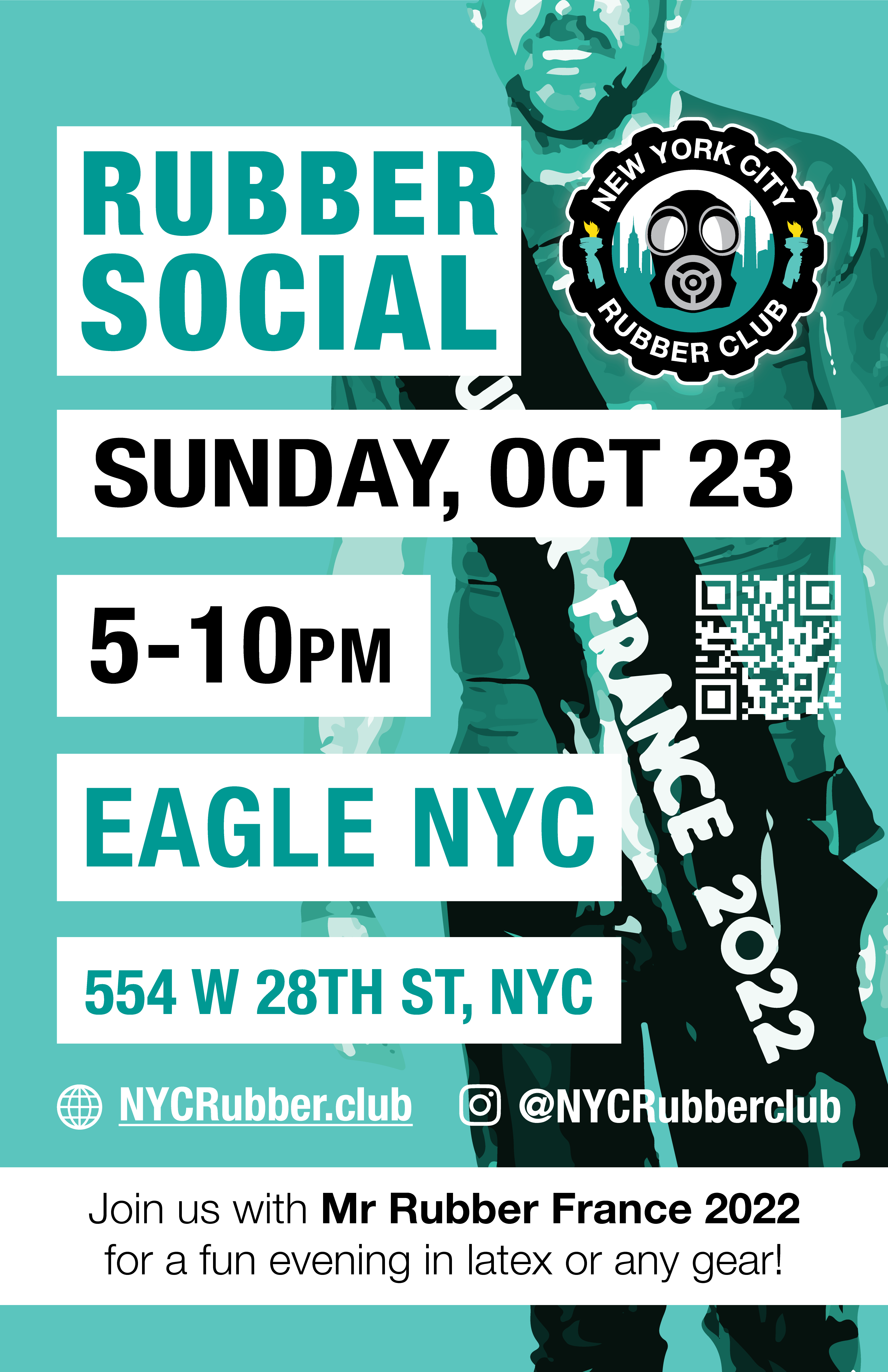 A NYC Rubber Club social at The NYC Eagle Bar with Mr Rubber France 5pm-10pm Sun 23rd Oct