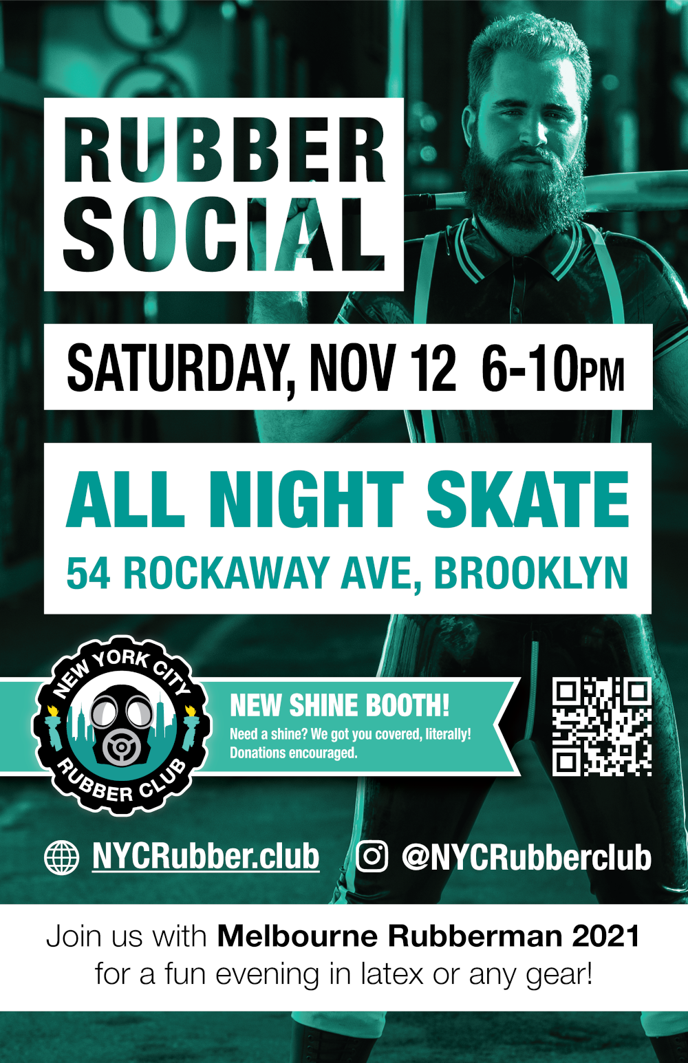 A NYC Rubber Club social at All Night Skate Bar with Mr Melbourne Rubberman 2021 6pm-10pm Sat 12th Nov 2022